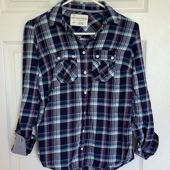 Aeropostale Navy Blue Plaid Button-Up Shirt For Women - Picture 1 of 10